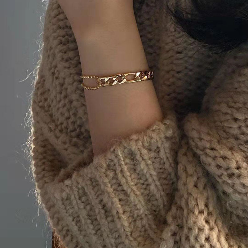 Waterproof Stainless Steel Figaro Chain&Cuban Chain Patchwork Bracelets for Women Ladies Street Style Gold Chain Bracelet