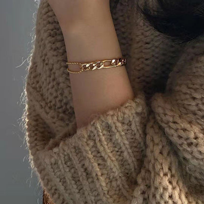 Waterproof Stainless Steel Figaro Chain&Cuban Chain Patchwork Bracelets for Women Ladies Street Style Gold Chain Bracelet