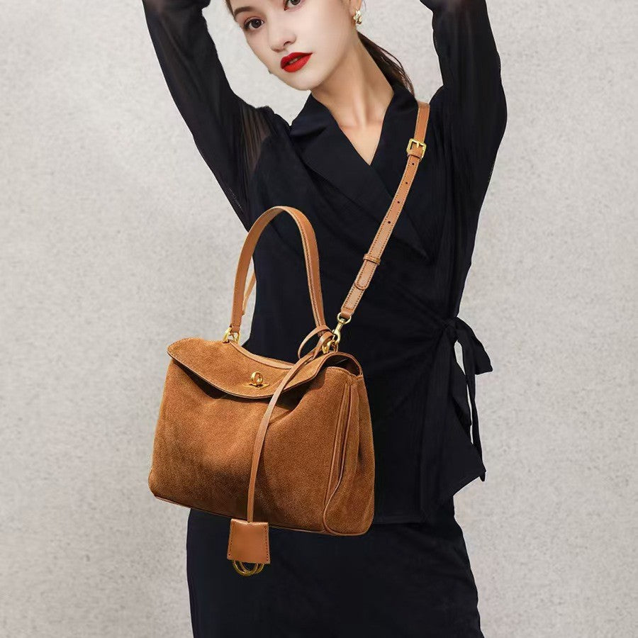 Vintage Autumn Winter Suede Matte Tote Bag, Elegant Shoulder Crossbody Kelly Bag for Women, Large Capacity Commuter Underarm Bag