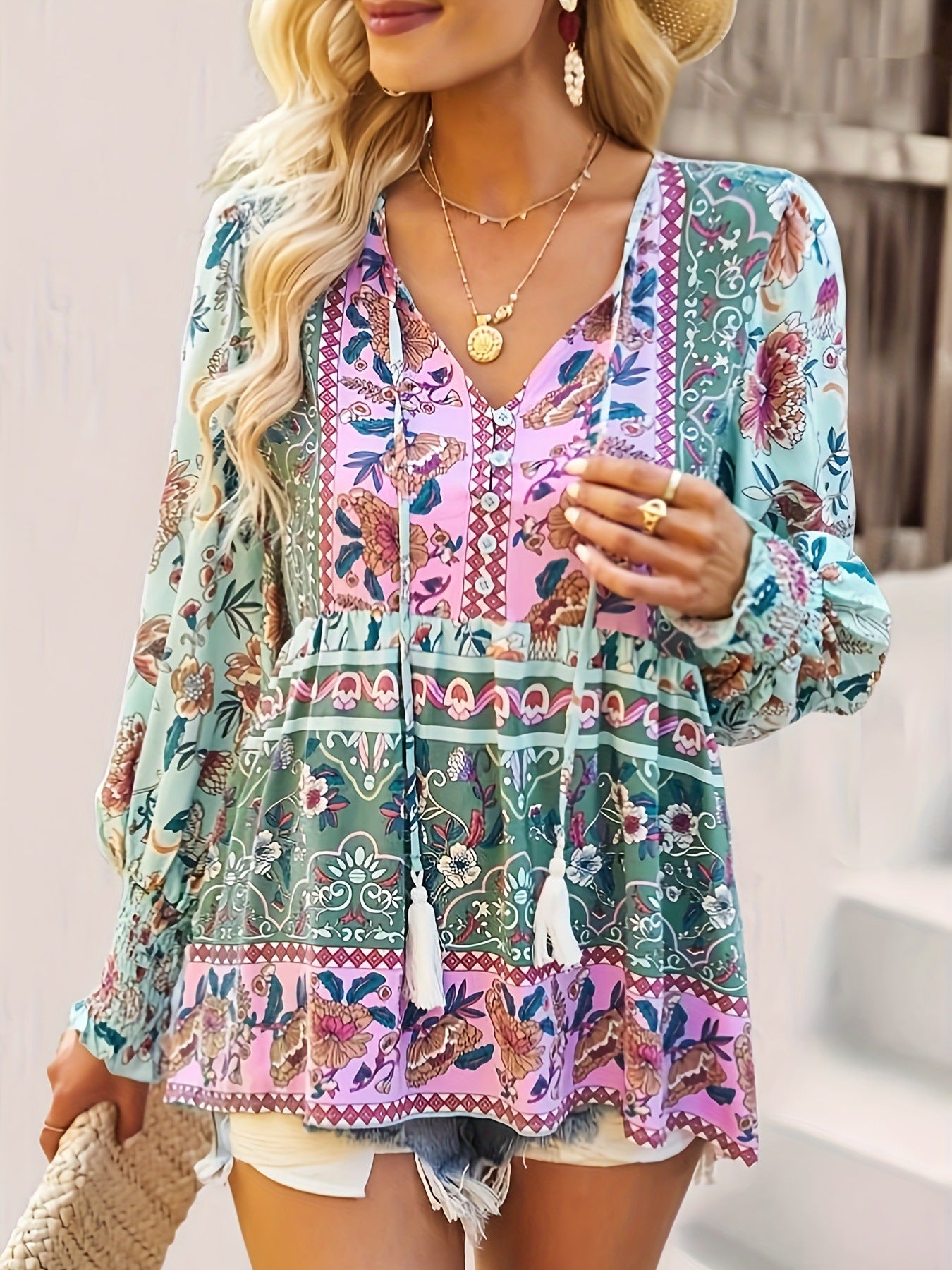 Boho Floral Patchwork Blouse – Lightweight Long Sleeve Spring Top for Women