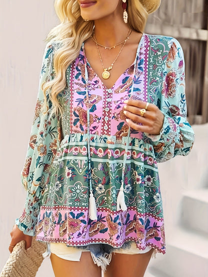 Boho Floral Patchwork Blouse – Lightweight Long Sleeve Spring Top for Women