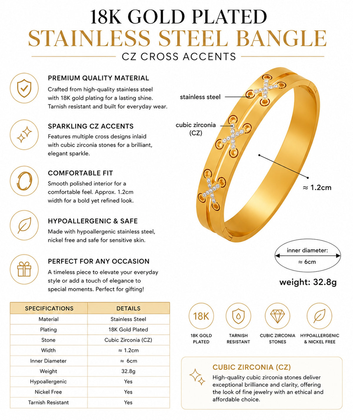 Women's 18K Gold-Plated Stainless Steel X Bangle Bracelet with Sparkling Crystal Accents