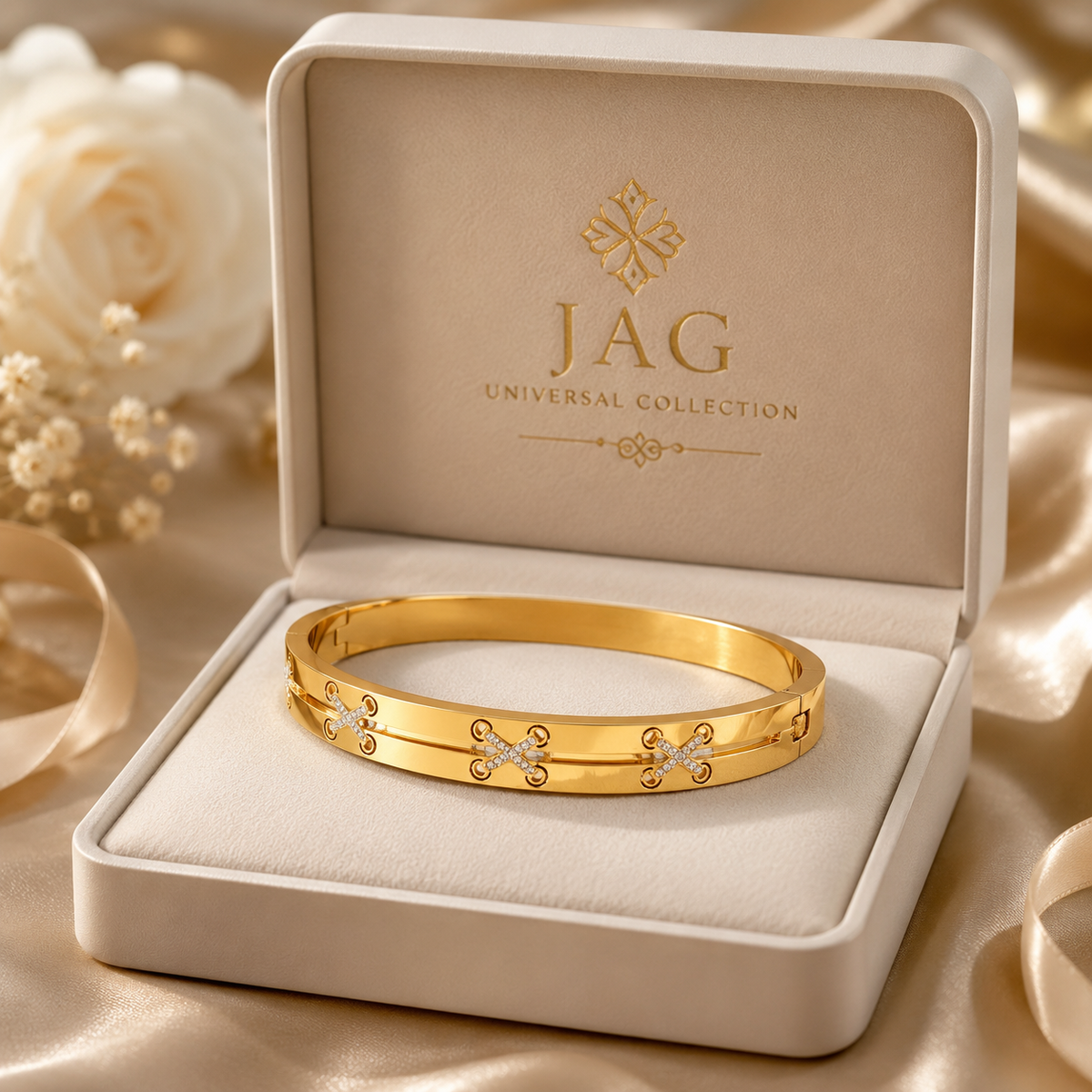 Women's 18K Gold-Plated Stainless Steel X Bangle Bracelet with Sparkling Crystal Accents