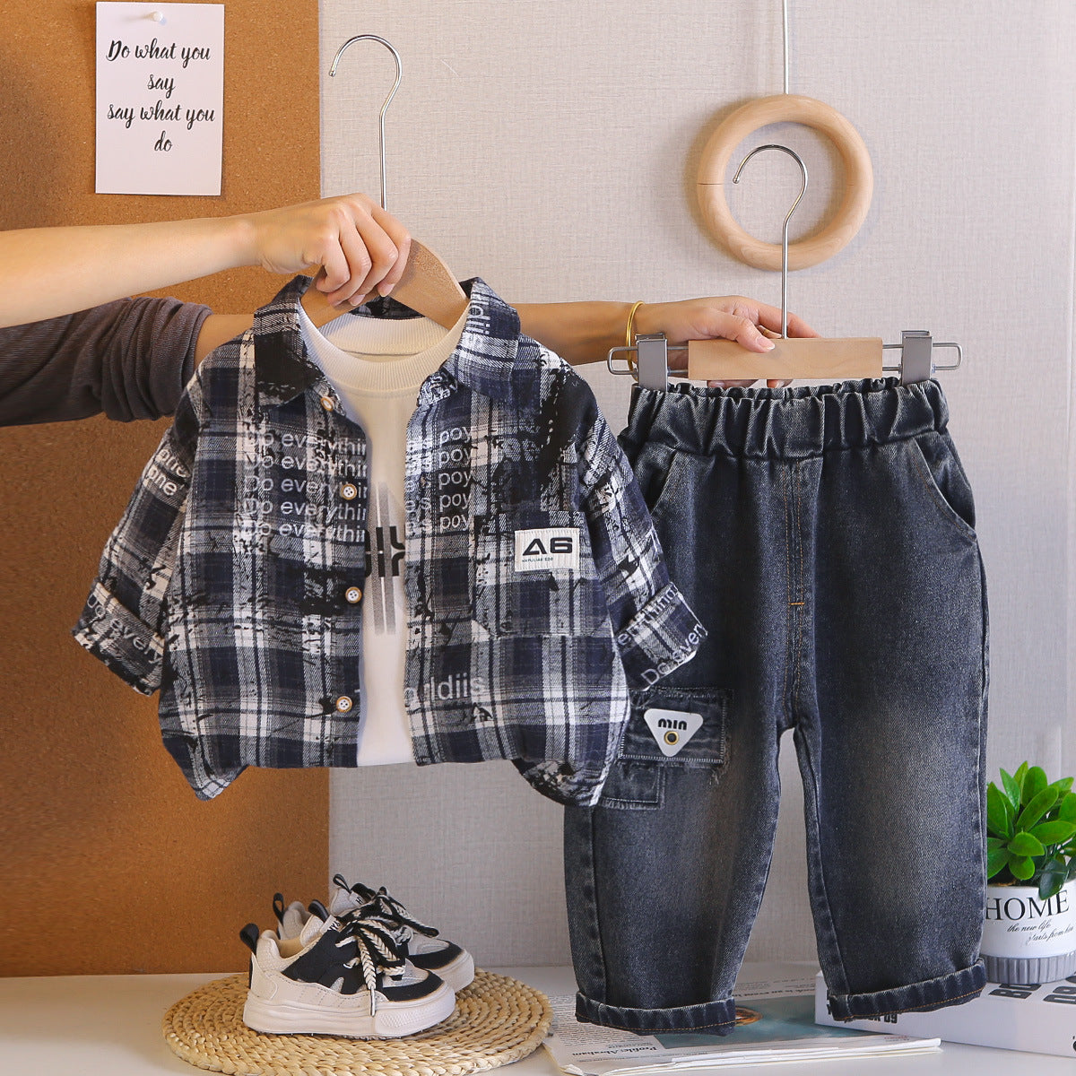 Three piece checkered shirt set for children and babies