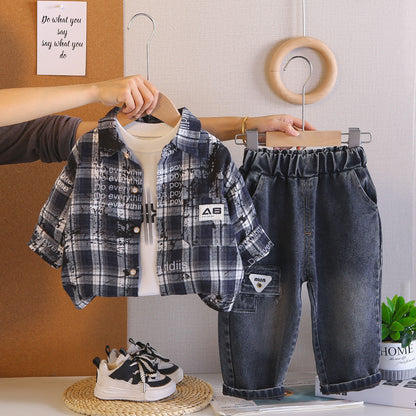 Three piece checkered shirt set for children and babies
