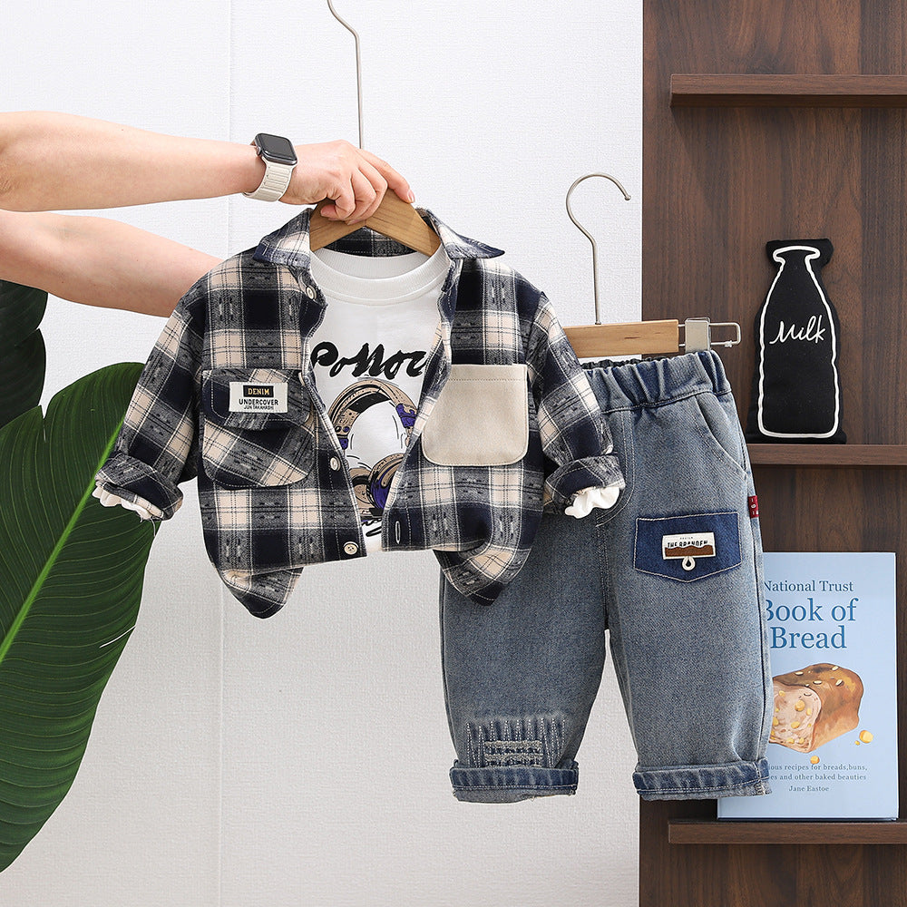 Three piece checkered shirt set for children and boys