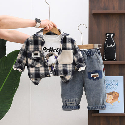 Three piece checkered shirt set for children and boys