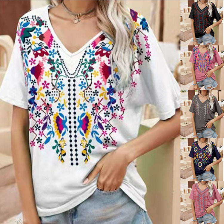 Women's Ethnic Print V-Neck Cotton Blend T-Shirt
