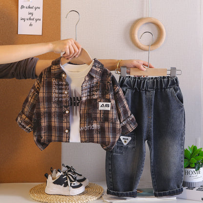 Three piece checkered shirt set for children and babies