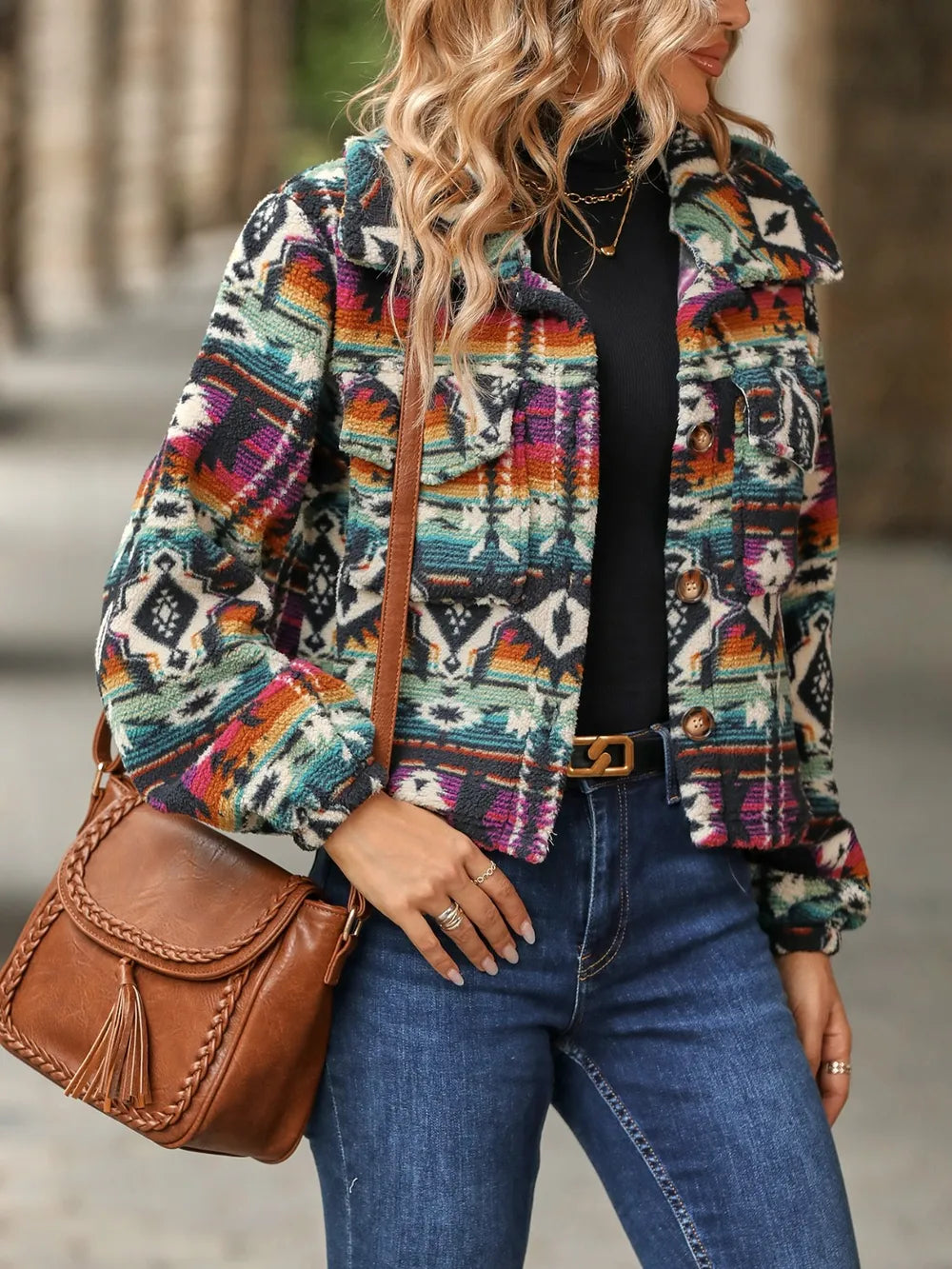 Women's Geometric Balloon Sleeve Jacket | Southwestern Boho Shacket
