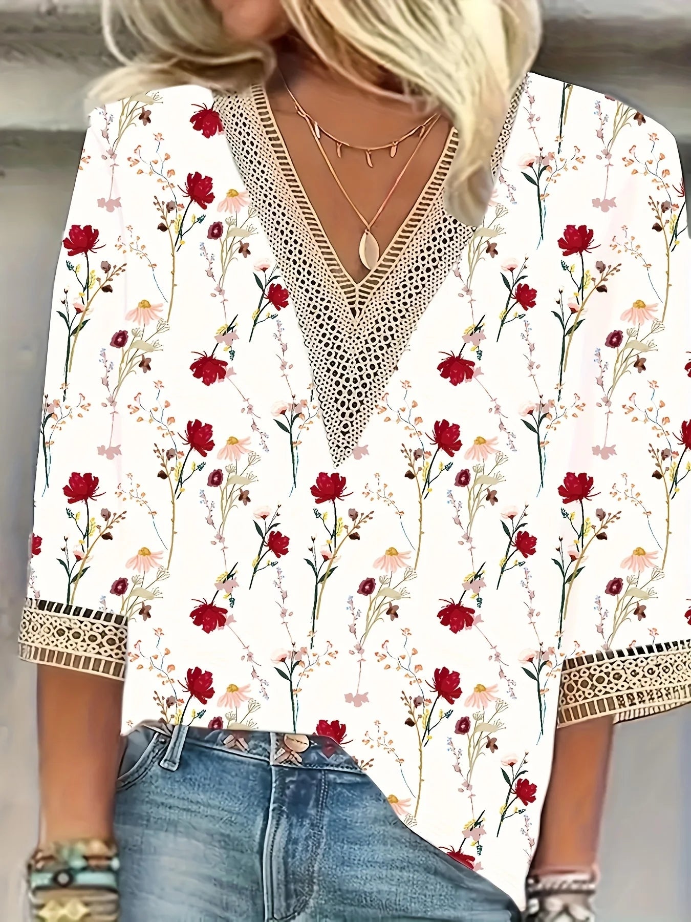 Women's Floral V-Neck Lace Trim Blouse – Casual 3/4 Sleeve Boho Top