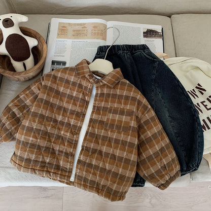Vintage plaid cotton warm jacket for children in winter