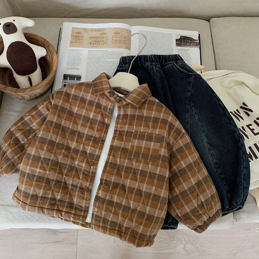 Vintage plaid cotton warm jacket for children in winter