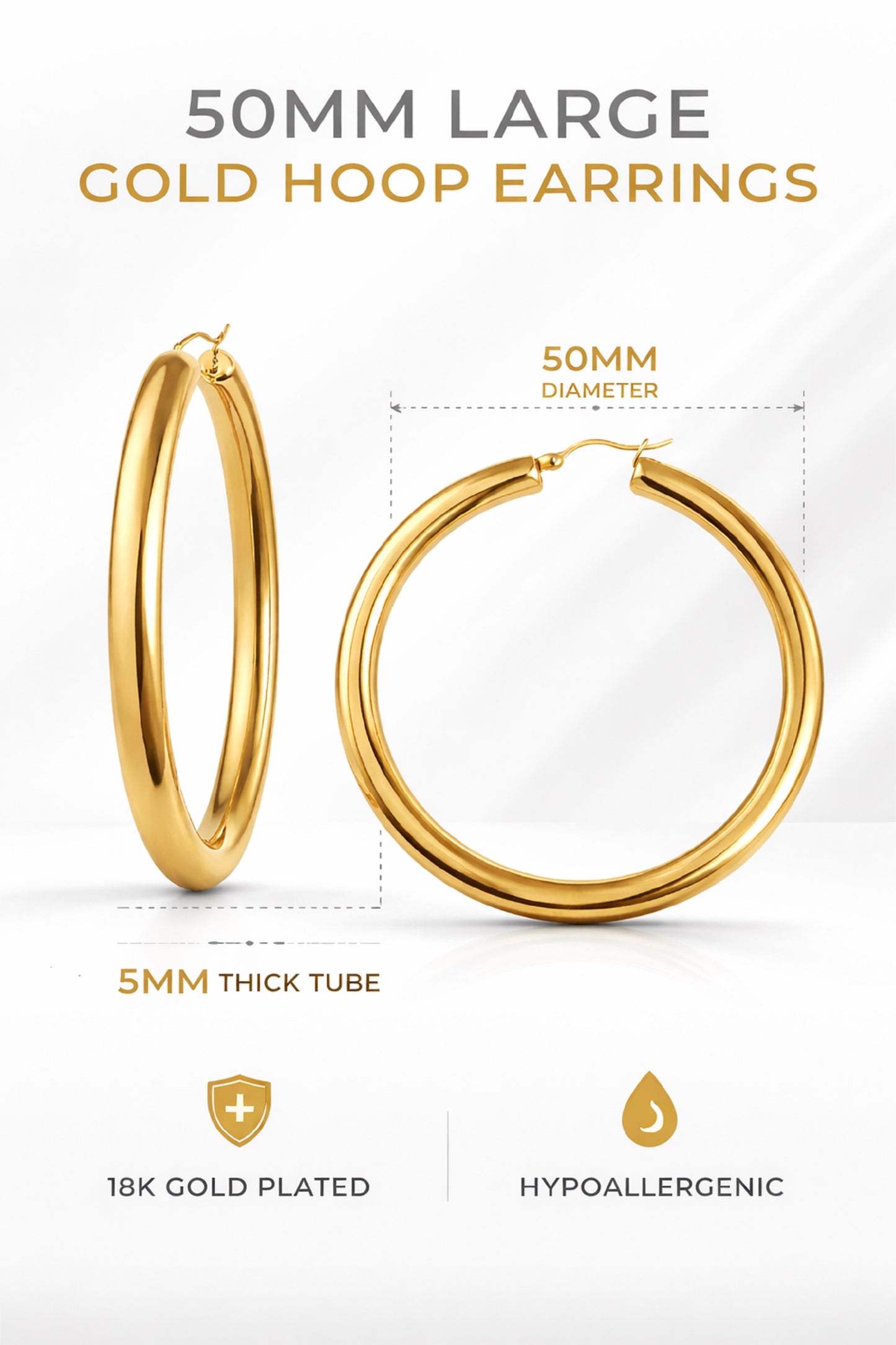 18K Gold PVD 316L Stainless Steel Hoop Earrings for Women – 50mm