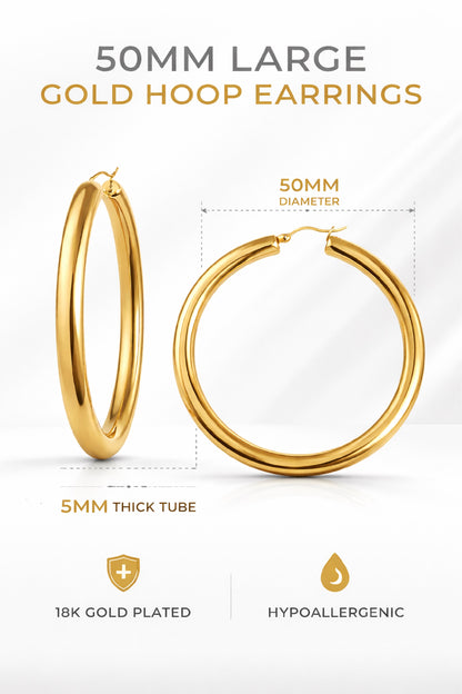 18K Gold PVD 316L Stainless Steel Hoop Earrings for Women – 50mm