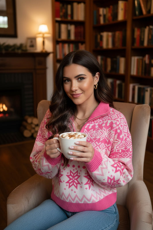 Rose Red Snowflake Quarter-Zip Collared Sweater – Cozy Holiday Knit Pullover for Women