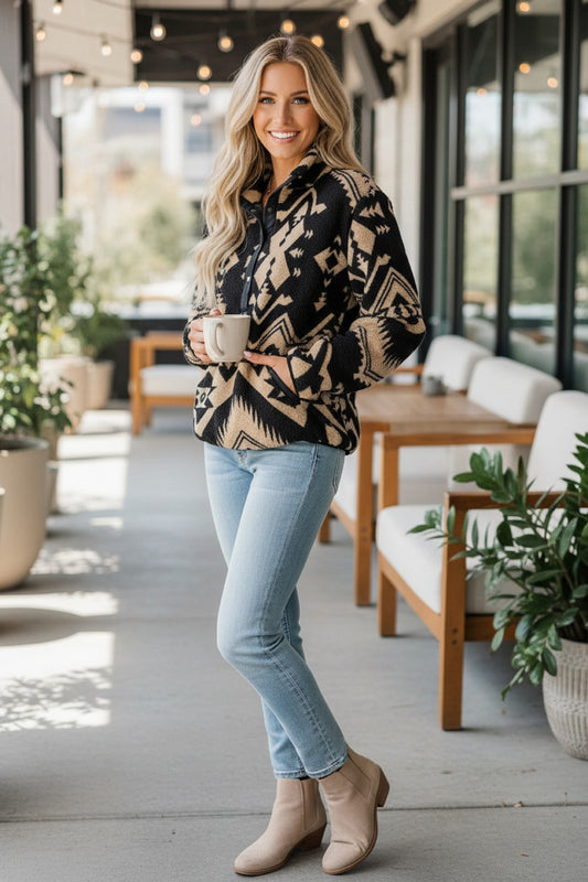 Black Western Aztec Half Zip Plush Sweatshirt – Cozy Tribal Print Fleece Pullover for Women | Warm Boho Winter Jacket with Pockets