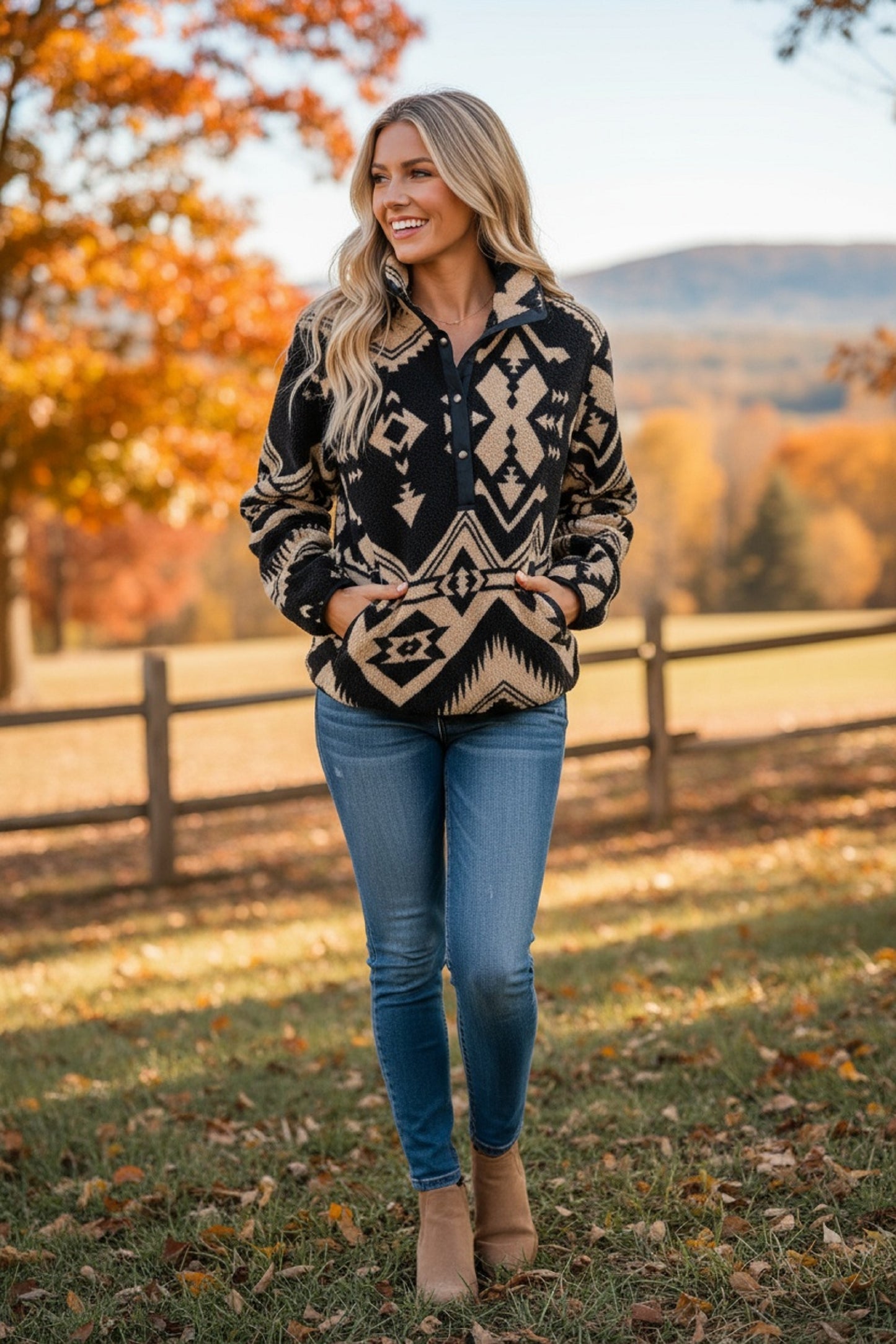 Black Western Aztec Half Zip Plush Sweatshirt – Cozy Tribal Print Fleece Pullover for Women | Warm Boho Winter Jacket with Pockets
