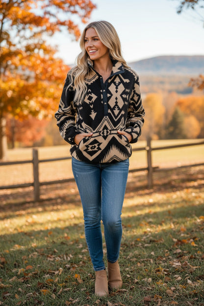 Black Western Aztec Half Zip Plush Sweatshirt – Cozy Tribal Print Fleece Pullover for Women | Warm Boho Winter Jacket with Pockets