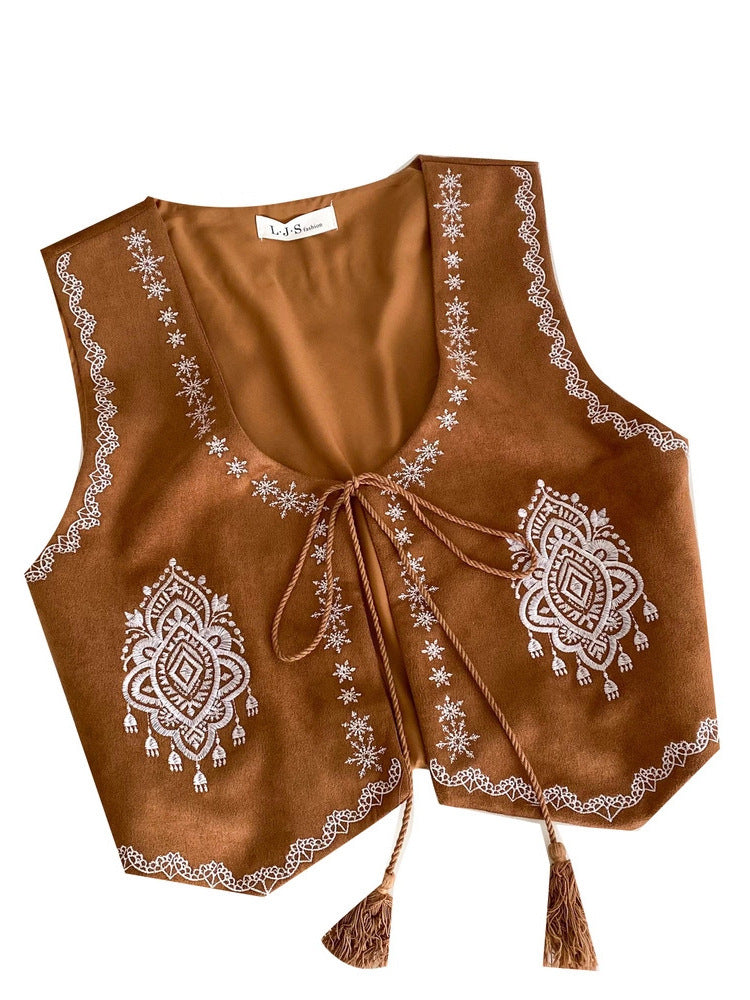 Carefully Selected Artistic Retro Fashionable Heavy Embroidery Lace-Up Cardigan Vest for Women, Stylish and Versatile, Slimming Look Short Deerskin Velvet