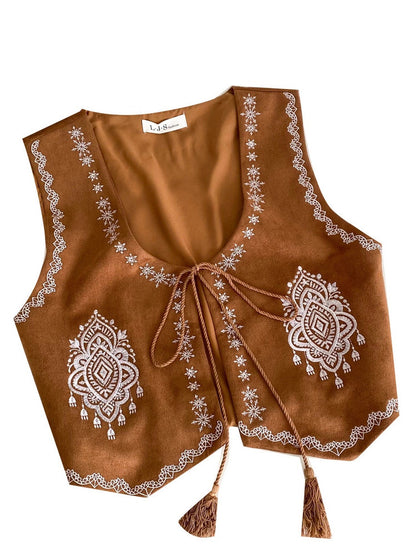 Carefully Selected Artistic Retro Fashionable Heavy Embroidery Lace-Up Cardigan Vest for Women, Stylish and Versatile, Slimming Look Short Deerskin Velvet