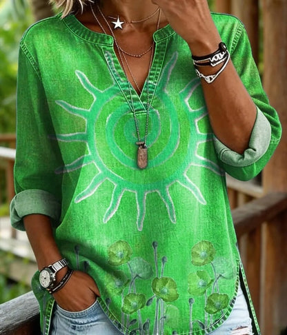 Vintage Boho Sun & Floral Print V-Neck Long Sleeve Tunic Top