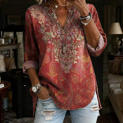 Vintage Boho Sun & Floral Print V-Neck Long Sleeve Tunic Top