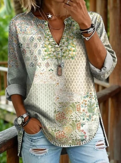 Vintage Boho Sun & Floral Print V-Neck Long Sleeve Tunic Top