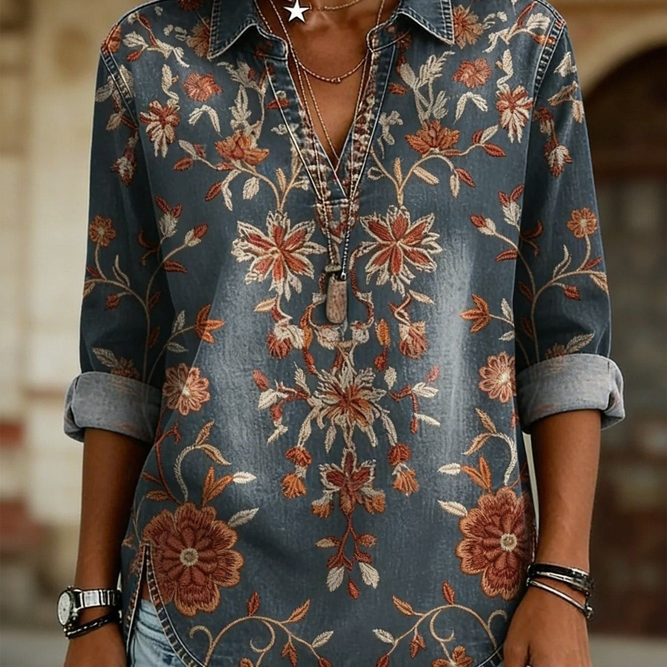 Vintage Boho Sun & Floral Print V-Neck Long Sleeve Tunic Top