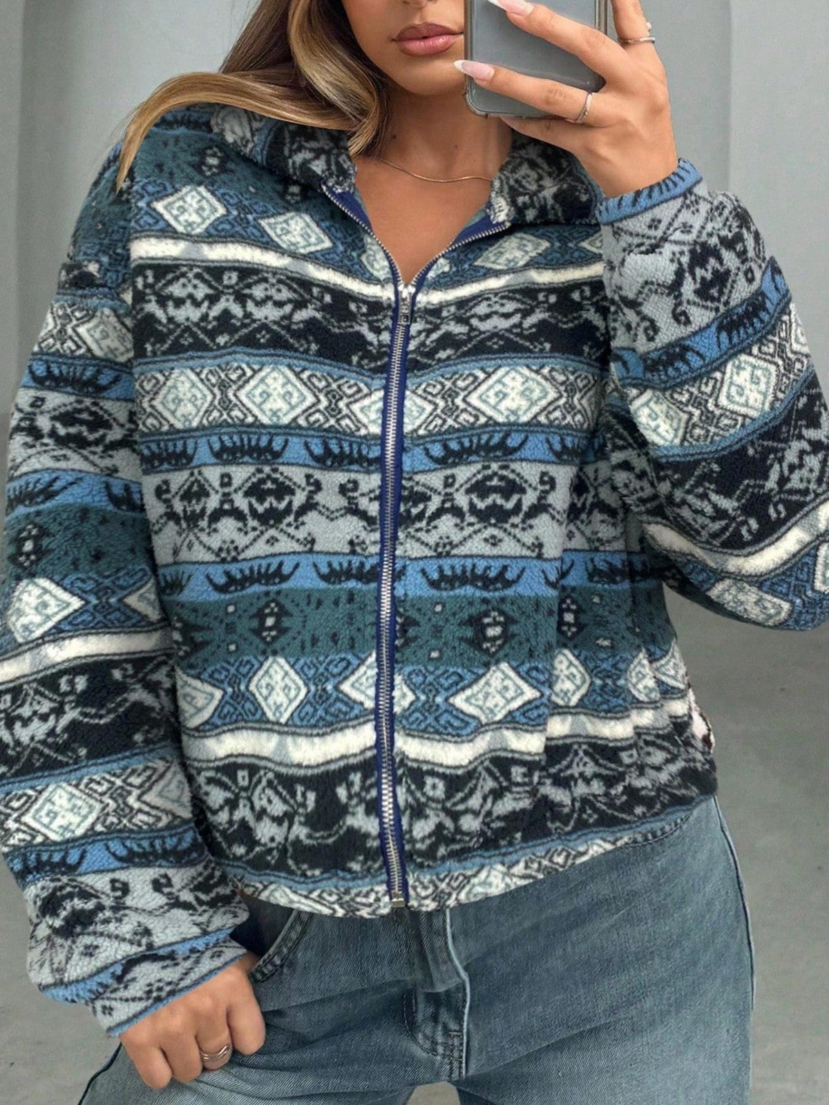 Oversized Geometric Zip-Up Jacket – Southwestern Print