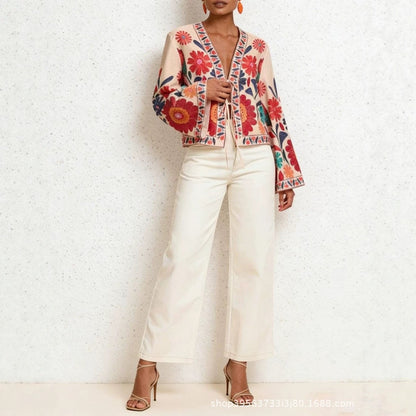 In-Stock Bohemian Style Colorful Floral Embroidery Short V-Neck Tie Flare Sleeve Ethnic Style Cardigan Chiffon Shirt