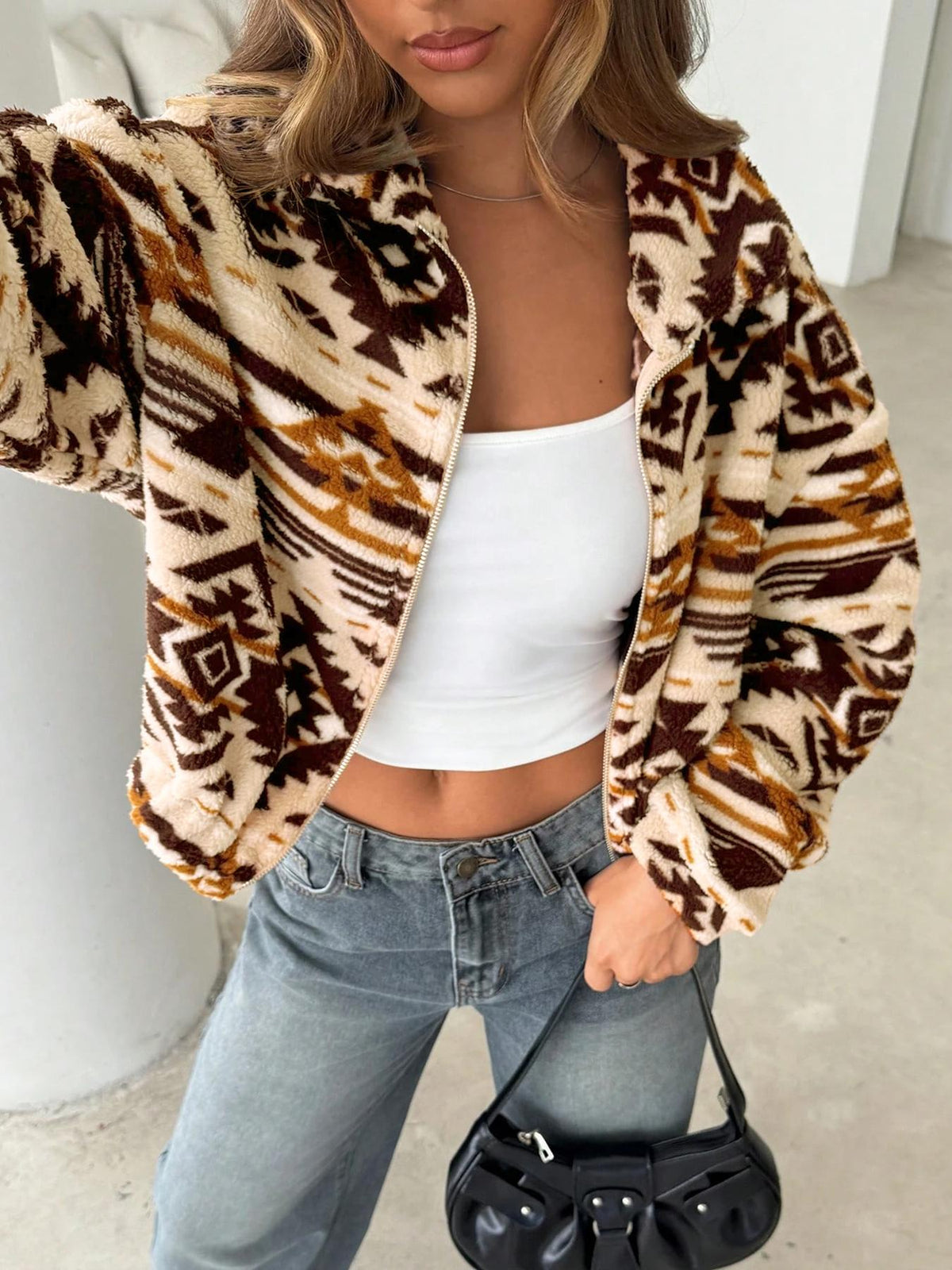 Oversized Geometric Zip-Up Jacket – Southwestern Print