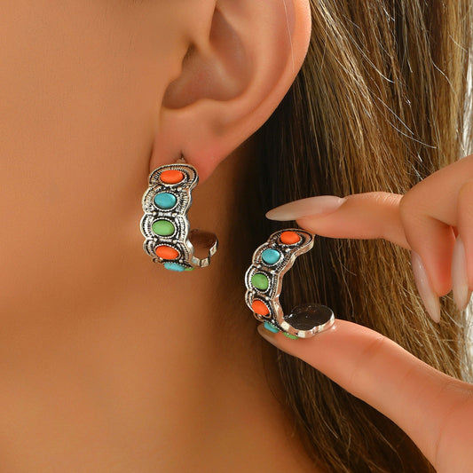 Vintage Southwestern Color Inlay Statement Hoop Earrings