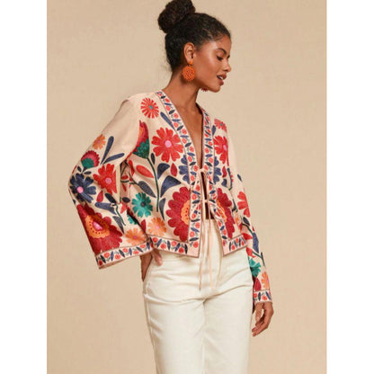 In-Stock Bohemian Style Colorful Floral Embroidery Short V-Neck Tie Flare Sleeve Ethnic Style Cardigan Chiffon Shirt