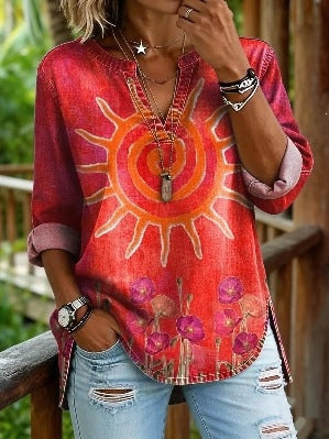 Vintage Boho Sun & Floral Print V-Neck Long Sleeve Tunic Top