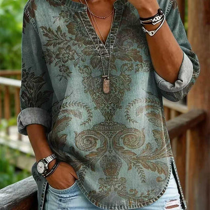 Vintage Boho Sun & Floral Print V-Neck Long Sleeve Tunic Top