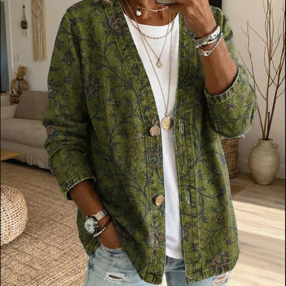 Vintage Boho Sun & Floral Print V-Neck Long Sleeve Tunic Top