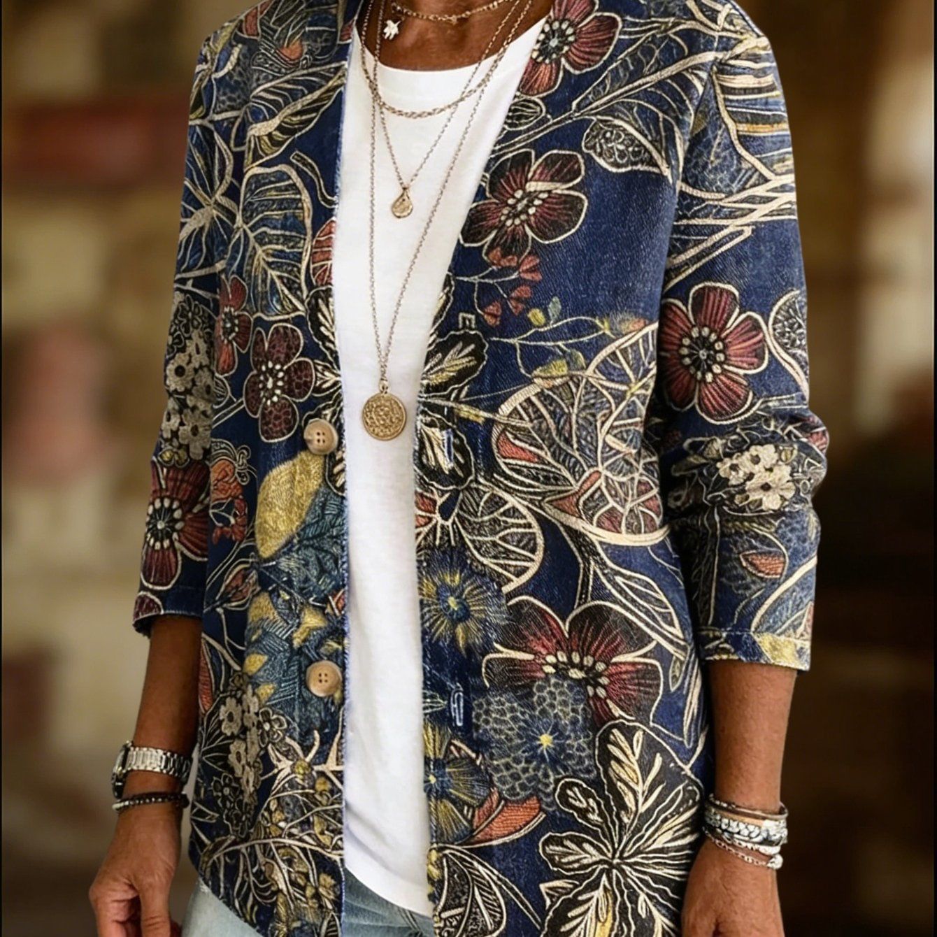 Vintage Boho Sun & Floral Print V-Neck Long Sleeve Tunic Top