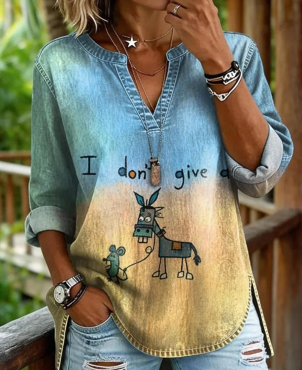 Vintage Boho Sun & Floral Print V-Neck Long Sleeve Tunic Top
