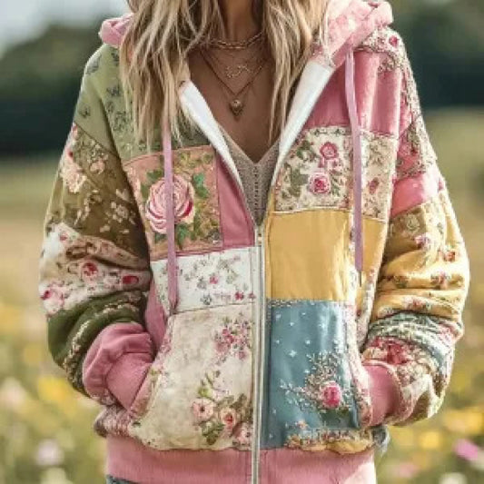Women's Floral Patchwork Zip-Up Hoodie – Vintage-Inspired Casual Style