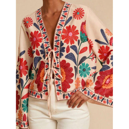 In-Stock Bohemian Style Colorful Floral Embroidery Short V-Neck Tie Flare Sleeve Ethnic Style Cardigan Chiffon Shirt