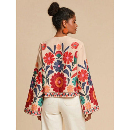 In-Stock Bohemian Style Colorful Floral Embroidery Short V-Neck Tie Flare Sleeve Ethnic Style Cardigan Chiffon Shirt