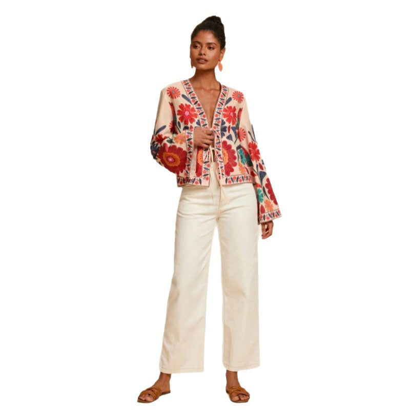 In-Stock Bohemian Style Colorful Floral Embroidery Short V-Neck Tie Flare Sleeve Ethnic Style Cardigan Chiffon Shirt