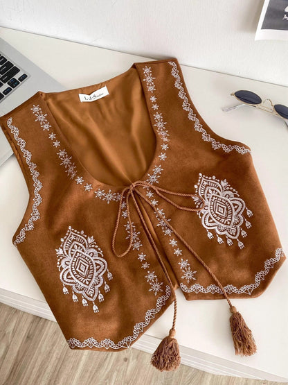 Carefully Selected Artistic Retro Fashionable Heavy Embroidery Lace-Up Cardigan Vest for Women, Stylish and Versatile, Slimming Look Short Deerskin Velvet