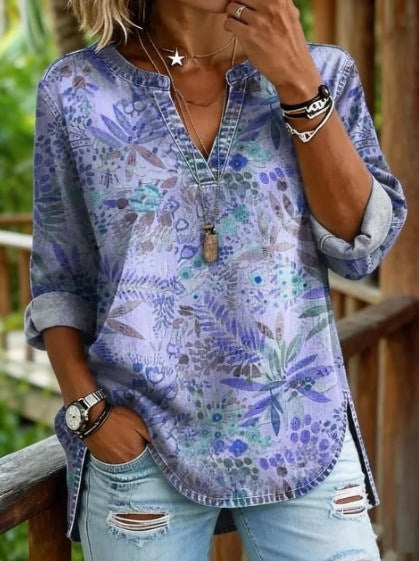 Vintage Boho Sun & Floral Print V-Neck Long Sleeve Tunic Top