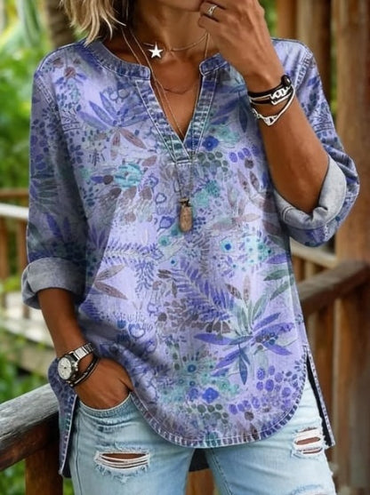Vintage Boho Sun & Floral Print V-Neck Long Sleeve Tunic Top