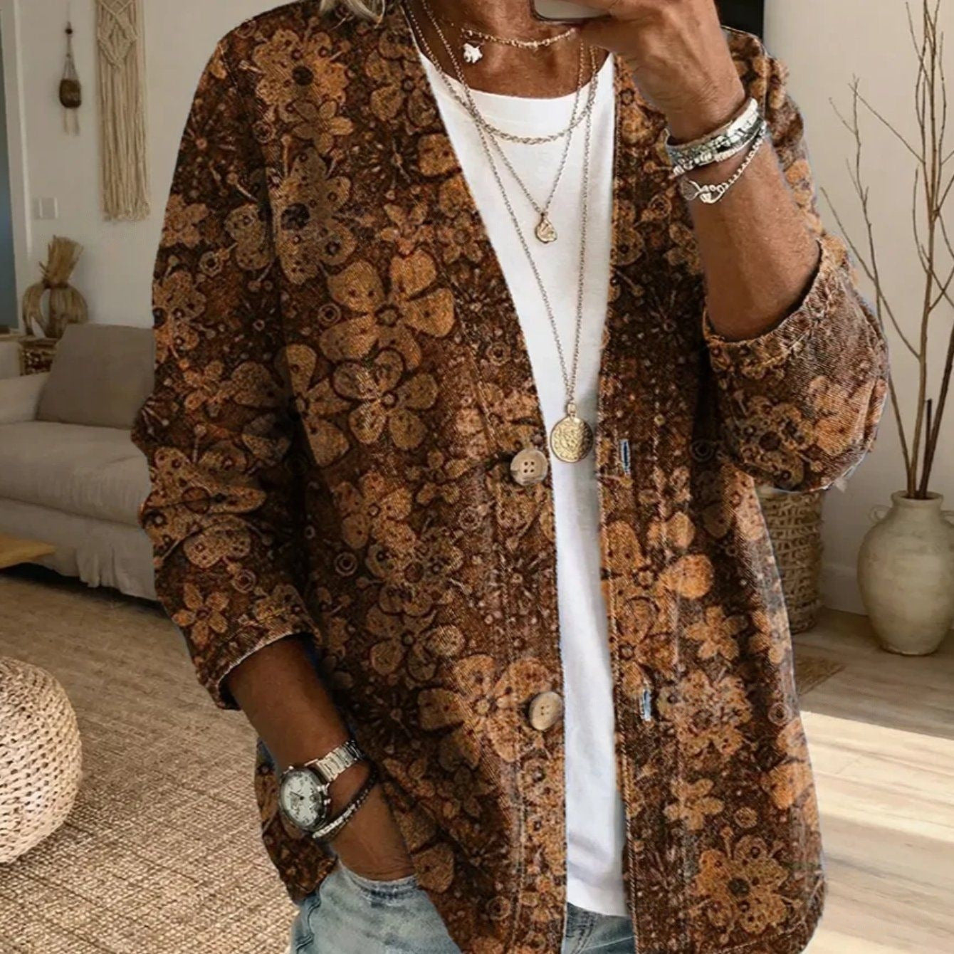 Vintage Boho Sun & Floral Print V-Neck Long Sleeve Tunic Top
