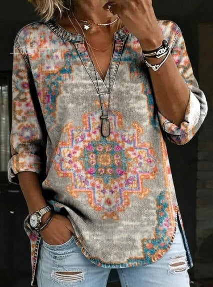 Vintage Boho Sun & Floral Print V-Neck Long Sleeve Tunic Top