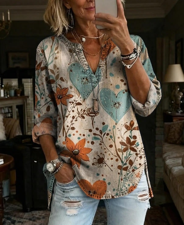 Vintage Boho Sun & Floral Print V-Neck Long Sleeve Tunic Top