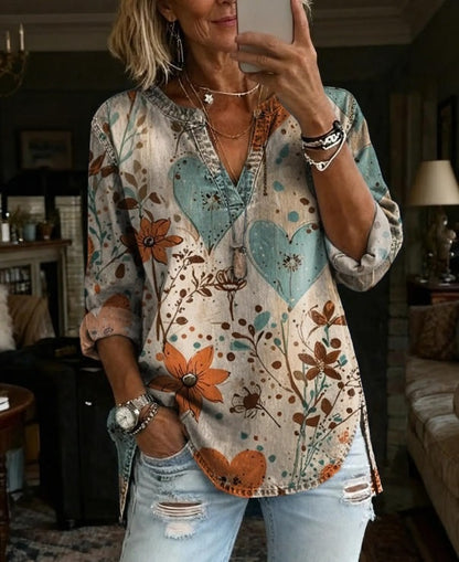 Vintage Boho Sun & Floral Print V-Neck Long Sleeve Tunic Top